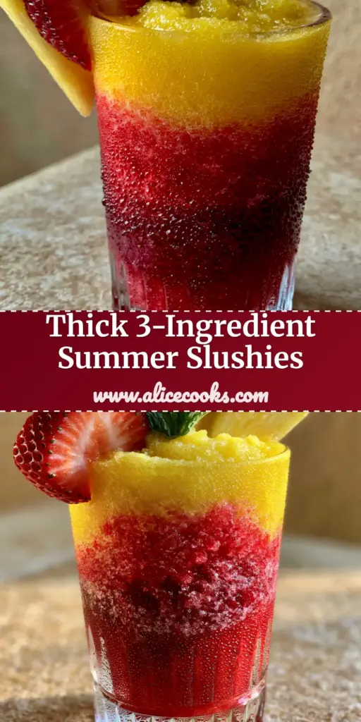 A tall, ribbed crystal glass featuring two-tone pineapple strawberry slushies with a red base and yellow top, garnished with mint and fresh fruit fruit.
