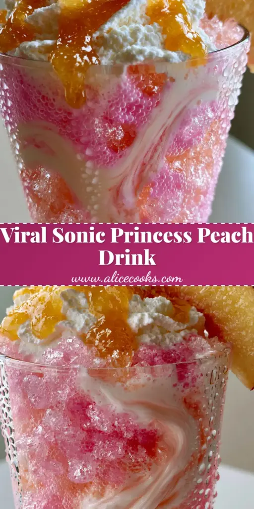 An extreme close-up of a Sonic Princess Peach drink with layers of pastel pink soda, heavy cream, and nugget ice, topped with whipped cream and a peach slice.
