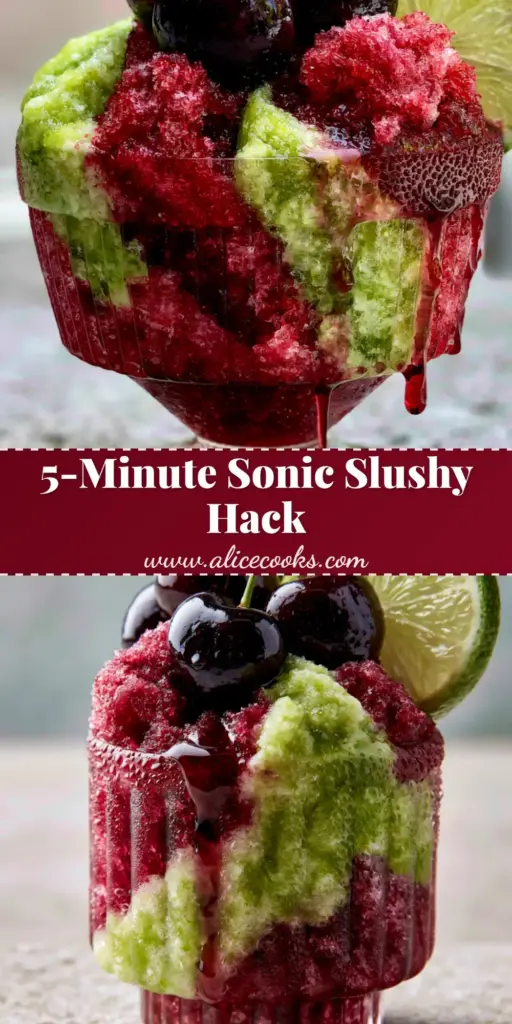Cherry Limeade Slushies: The Ultimate Gourmet Shaved Ice Recipe 4 A tall vintage ribbed glass filled with vibrant ruby-red Cherry Limeade Slushies, topped with maraschino cherries and a lime wheel.