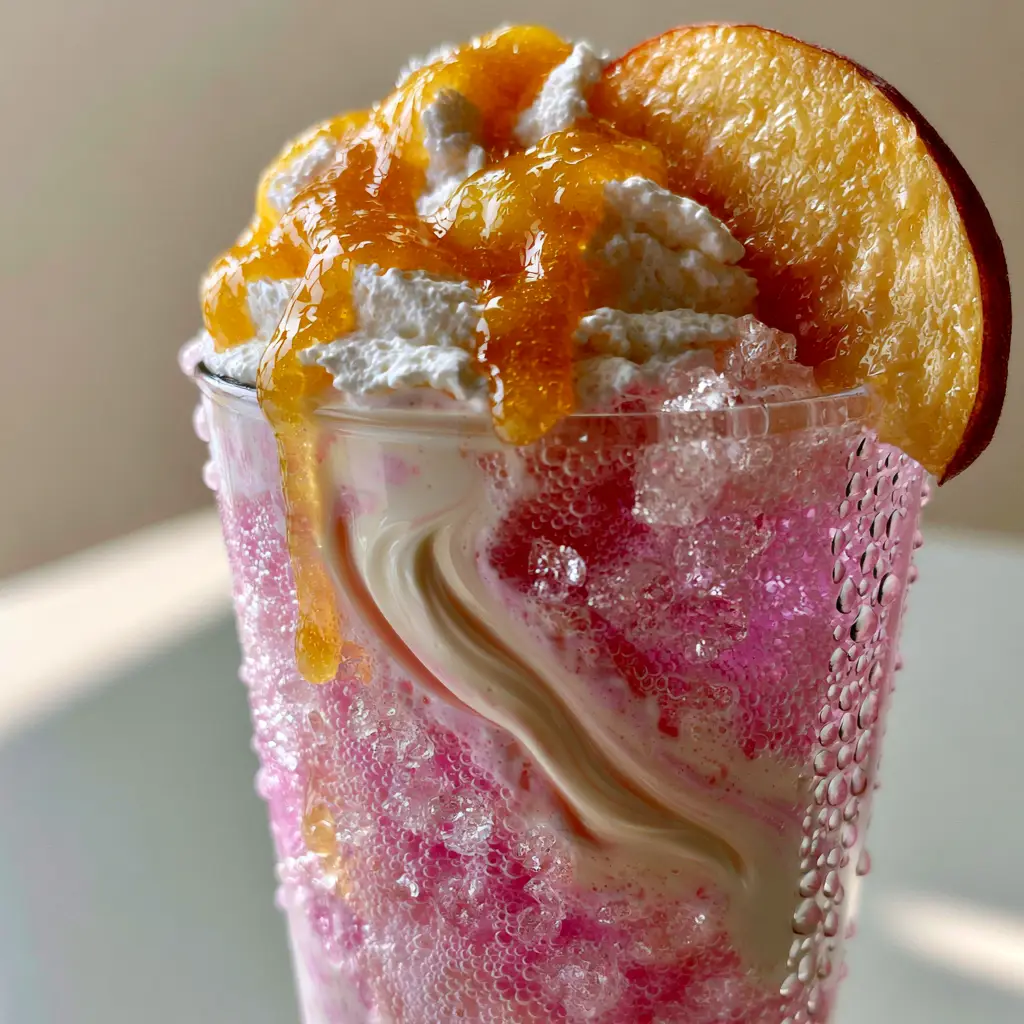 A handheld smartphone photo style shot of the Sonic Princess Peach drink with condensation dripping down the glass.