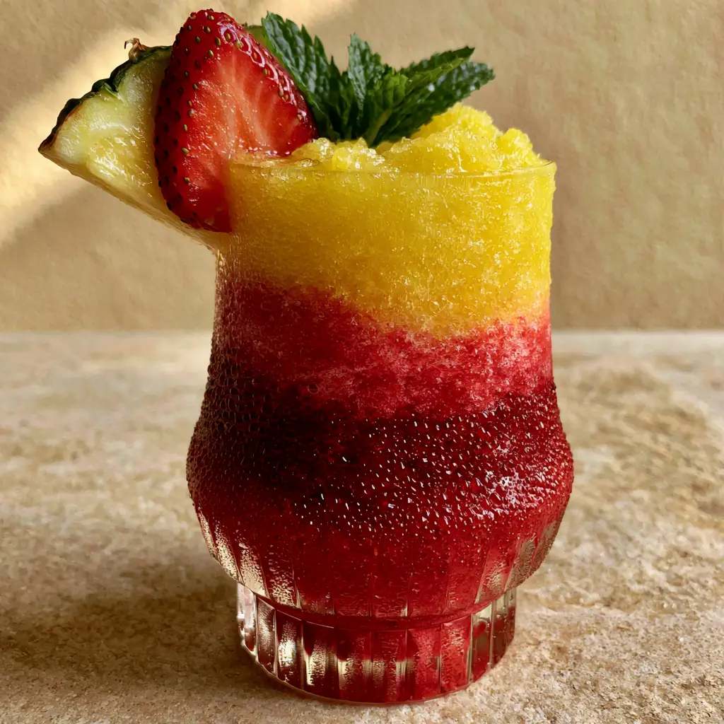 Handheld photo style of pineapple strawberry slushies garnished with mint, pineapple wedge, and fresh strawberry on a beige stone background.