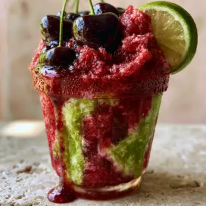 Close-up of Cherry Limeade Slushies in a ribbed glass showing bright green lime swirls and ruby-red ice crystals.