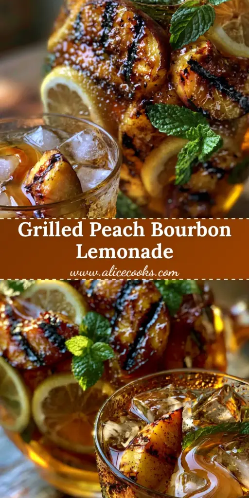 A tall glass of Grilled Peach Bourbon Lemonade with bold black grill marks on peach slices, lemon wheels, and clear ice cubes on a rustic wooden table.