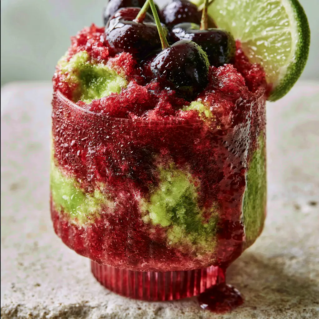 Cherry Limeade Slushies: The Ultimate Gourmet Shaved Ice Recipe 1 Handheld smartphone photo of a Cherry Limeade Slushy with syrup dripping down the side and fresh lime garnish.