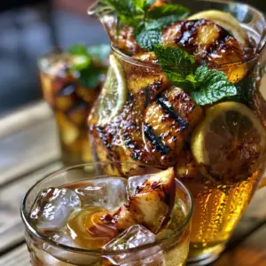 A glistening glass pitcher filled with rich golden-amber Grilled Peach Bourbon Lemonade, packed with grilled peaches and lemon wheels.
