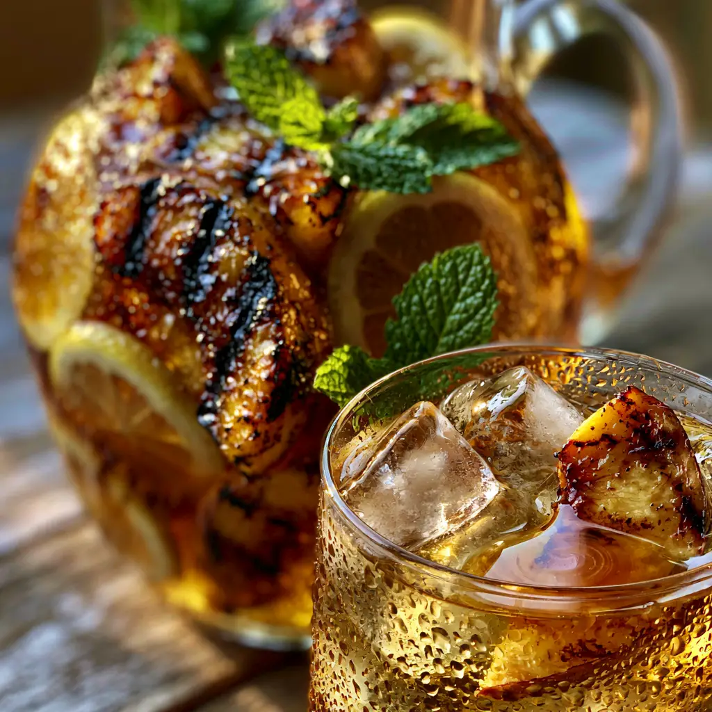 A close-up of a glass of bourbon lemonade with clear ice cubes and a light amber syrup swirl on a rustic wood surface.