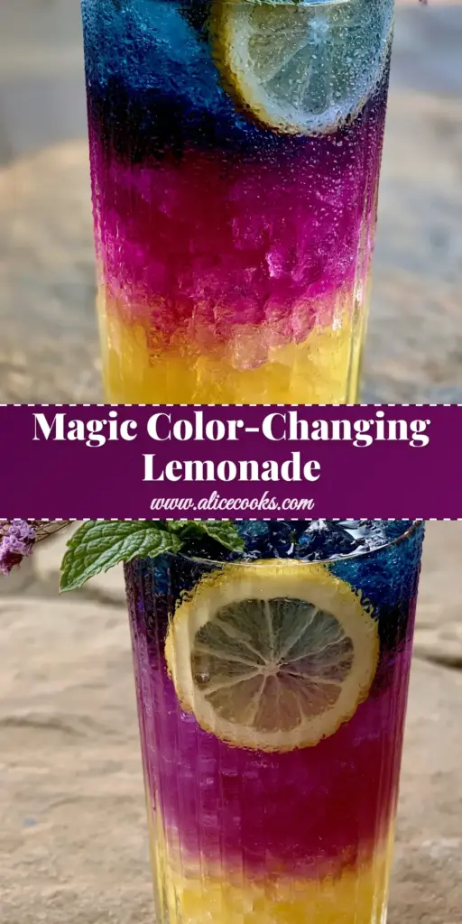 A tall ribbed glass filled with layered Butterfly Pea Lemonade, featuring yellow, magenta, and royal blue tiers with fresh mint and lemon.
