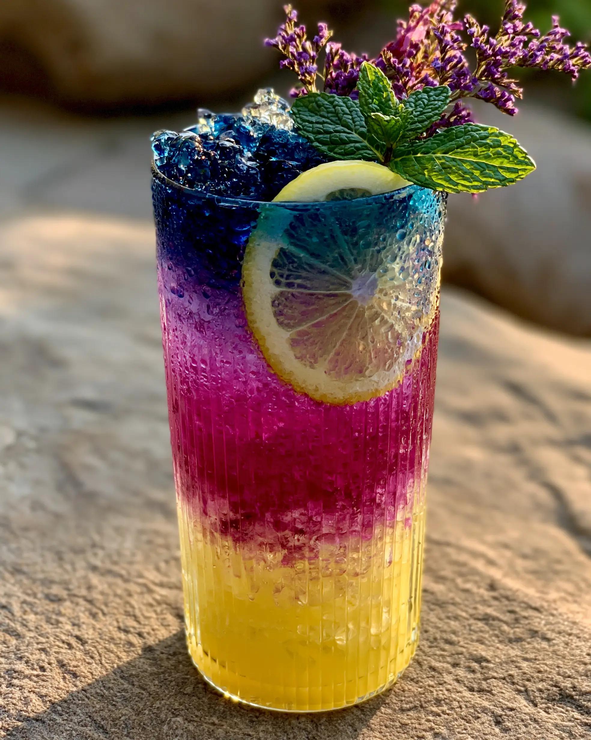 Close up of a ribbed glass showcasing the royal blue butterfly pea tea layer on top of a magenta middle layer and yellow base.