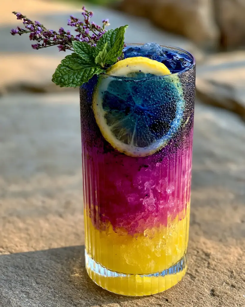 Butterfly Pea Lemonade served outdoors on a stone background with natural sunlight and glistening condensation.