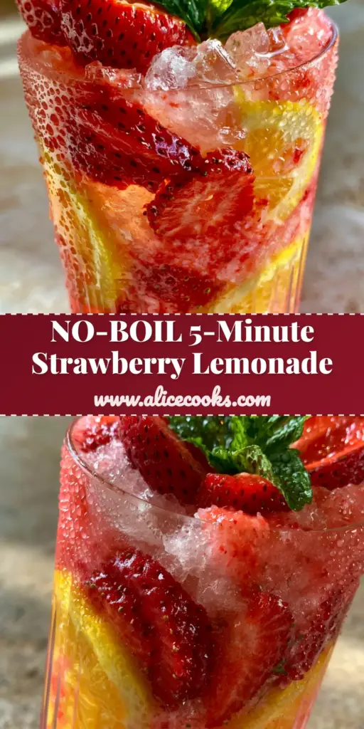 Strawberry Lemonade Recipe: The Ultimate Fresh and Pulpy Summer Refresher 4 A tall ribbed glass of pulpy pink strawberry lemonade with crushed ice, lemon wheels, and mint garnish on a stone countertop. (strawberry lemonade recipe)