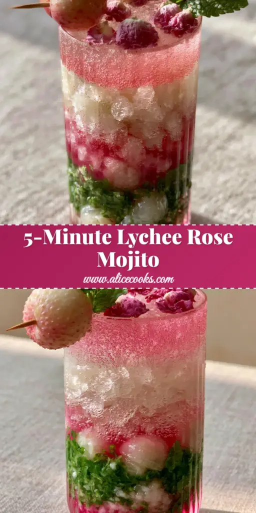 Lychee Rose Mojito: The Ultimate Aesthetic Pink Floral Cocktail Recipe 4 A handheld smartphone photo of an aesthetic pink Lychee Rose Mojito in a ribbed highball glass, garnished with a lychee on a gold pick and rose petals. (Lychee Rose Mojito)