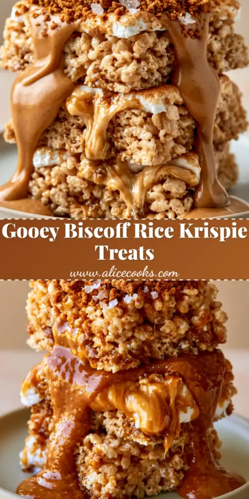 A towering stack of gooey biscoff rice krispie treats on a matte ceramic plate with a thick cookie butter drizzle.