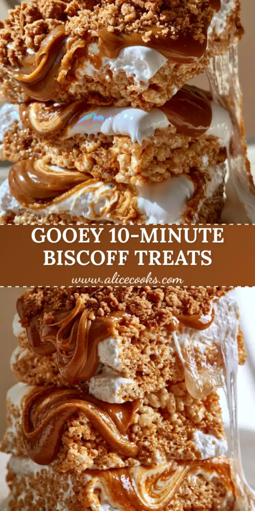 Biscoff Rice Krispie Treats with Gooey Cookie Butter Swirls 4 A tall, thick stack of three Biscoff Rice Krispie treats featuring gooey marshmallow pulls and amber cookie butter swirls. (Biscoff Rice Krispie treats)