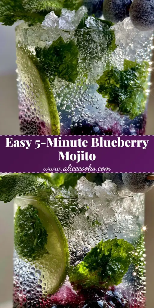 A tall blueberry mojito cocktail with distinct purple layers, crushed ice, and a mint sprig in a ribbed glass. (blueberry mojito recipe)