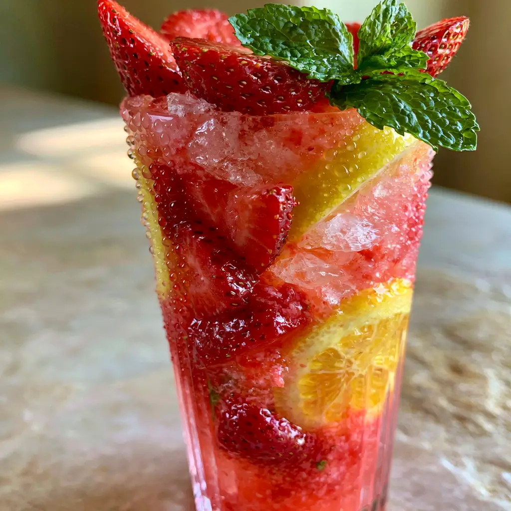 Close up photo of a pink strawberry lemonade glass showing condensation and fresh fruit layers. (strawberry lemonade recipe)