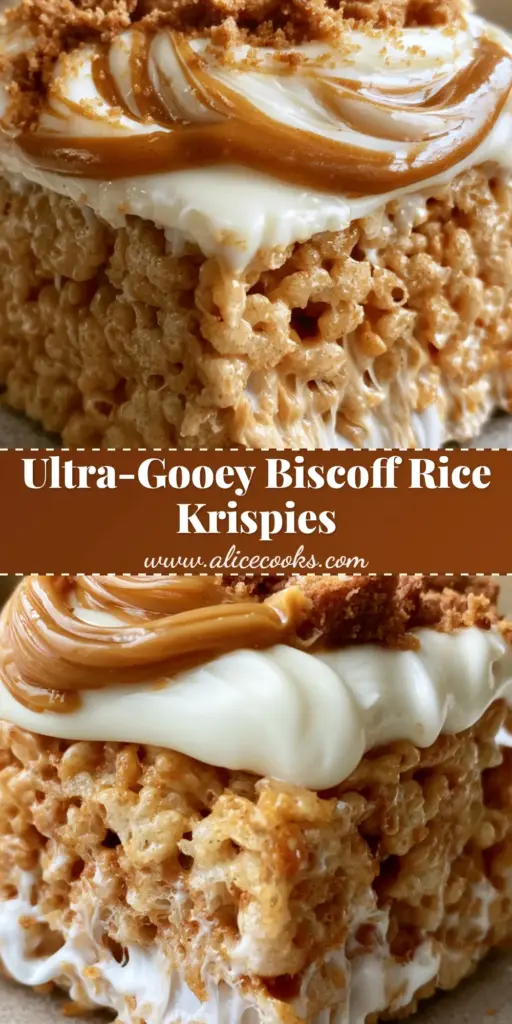 A stack of thick, gourmet Biscoff Rice Krispie Treats topped with a glossy white chocolate drizzle and whole Lotus cookies. (Biscoff Rice Krispie Treats)