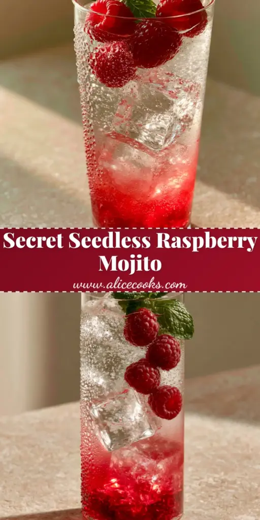 A tall highball glass with a vibrant red Raspberry Mojito, featuring clear artisanal ice and a mint garnish on a stone surface.