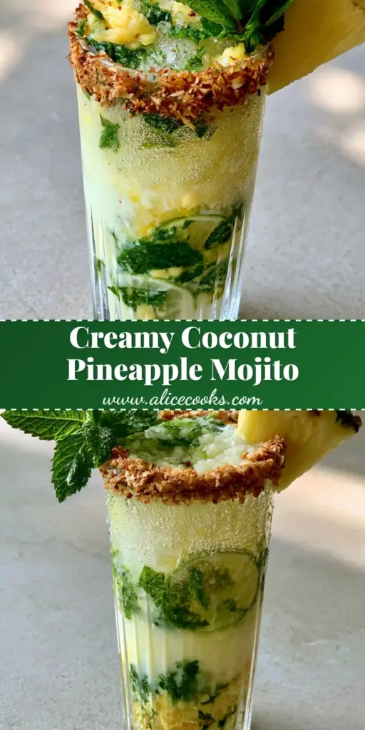 A creamy pineapple mojito in a ribbed crystal glass with a toasted coconut sugar rim and fresh mint garnish.