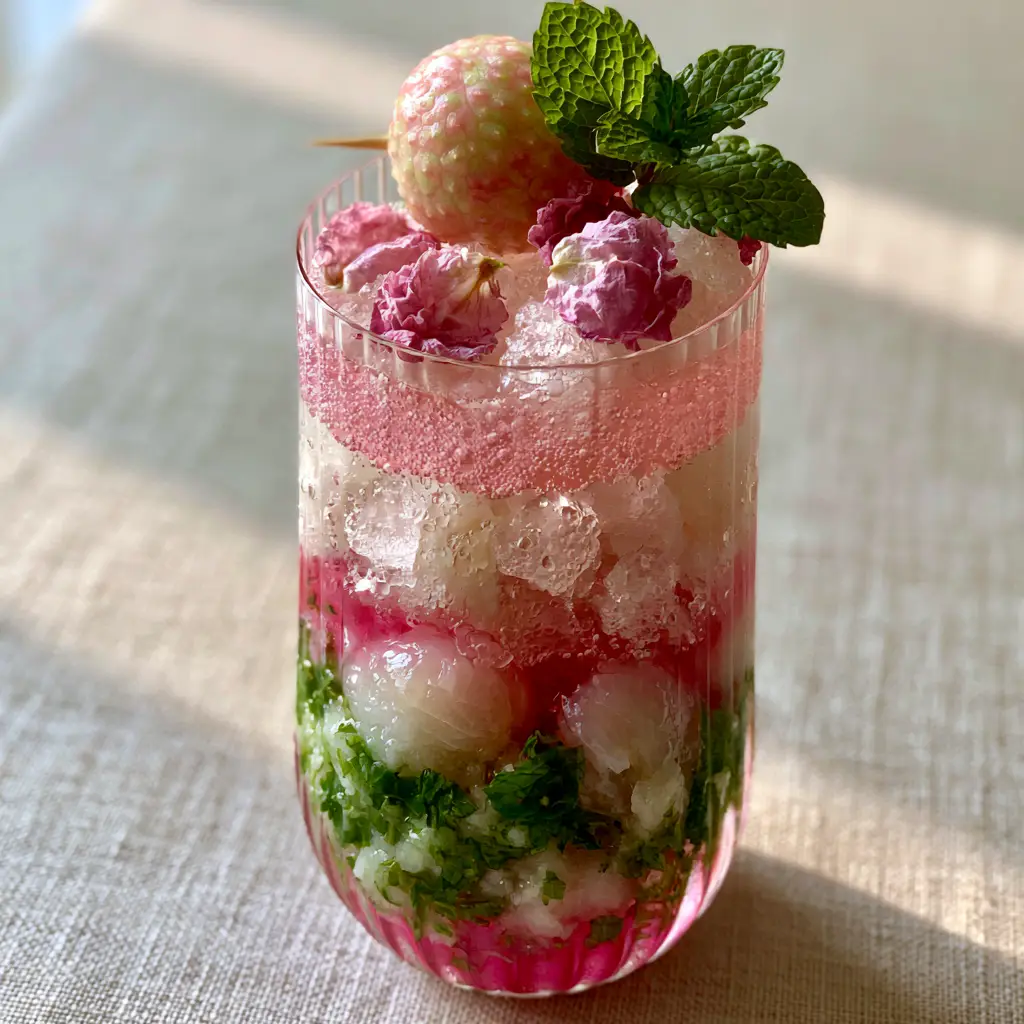 A close up of the muddled mint and crushed lychees in vibrant pink syrup at the bottom of a ribbed glass. (Lychee Rose Mojito)