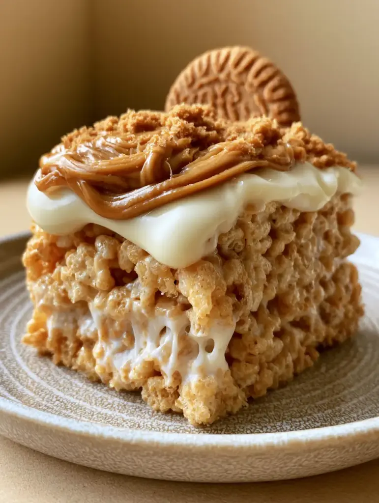 Macro shot of Biscoff Rice Krispie Treats showing the stretching marshmallow web and golden toasted cereal. (Biscoff Rice Krispie Treats)