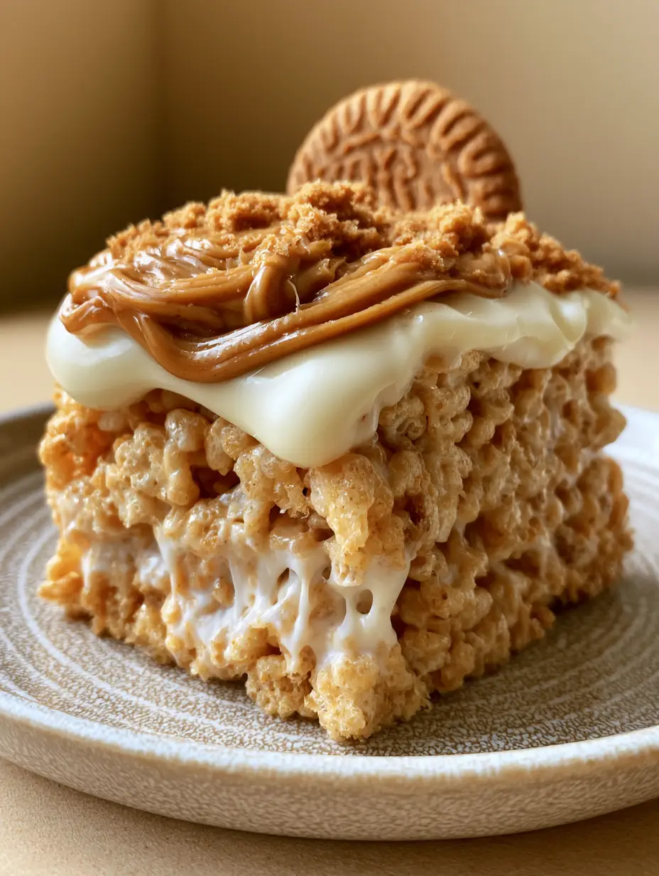 Macro shot of Biscoff Rice Krispie Treats showing the stretching marshmallow web and golden toasted cereal. (Biscoff Rice Krispie Treats)