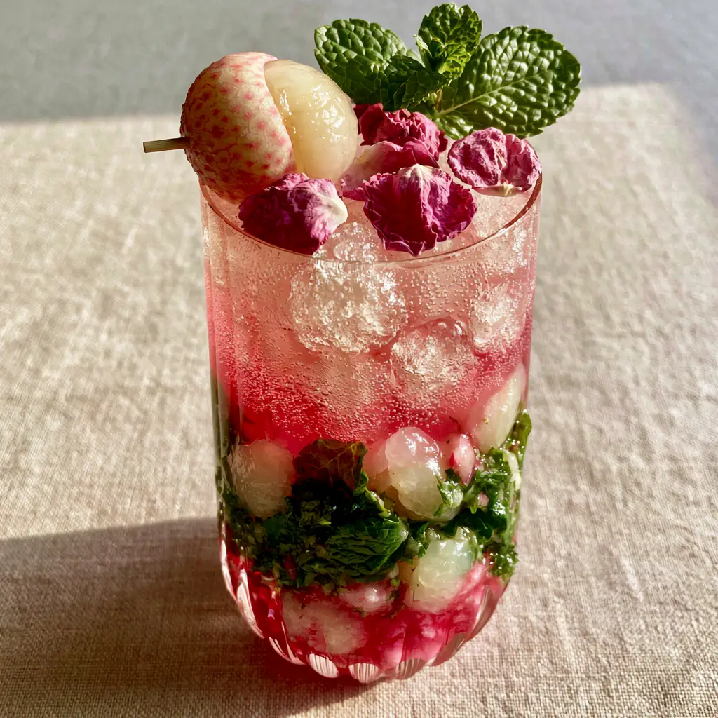 Lychee Rose Mojito: The Ultimate Aesthetic Pink Floral Cocktail Recipe 1 A top-down view of glistening crushed ice topped with pink sparkling soda and floating organic rose petals.