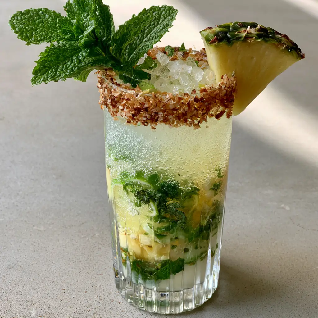Close up of a pineapple mojito showing the creamy coconut milk blending into sparkling club soda with crushed ice and mint. (pineapple mojito)