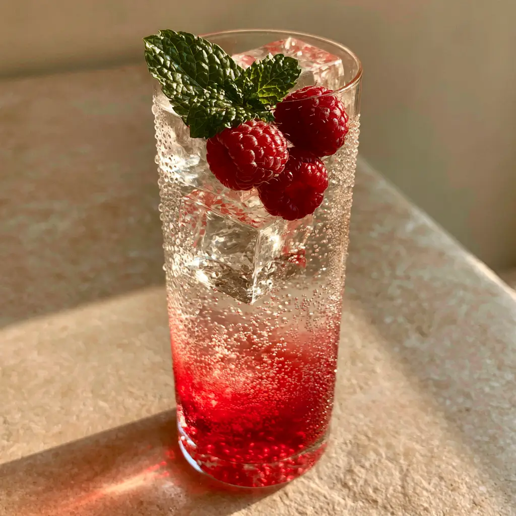 Smartphone photo of a Raspberry Mojito with a red-to-clear gradient and square ice cubes on a beige stone background.