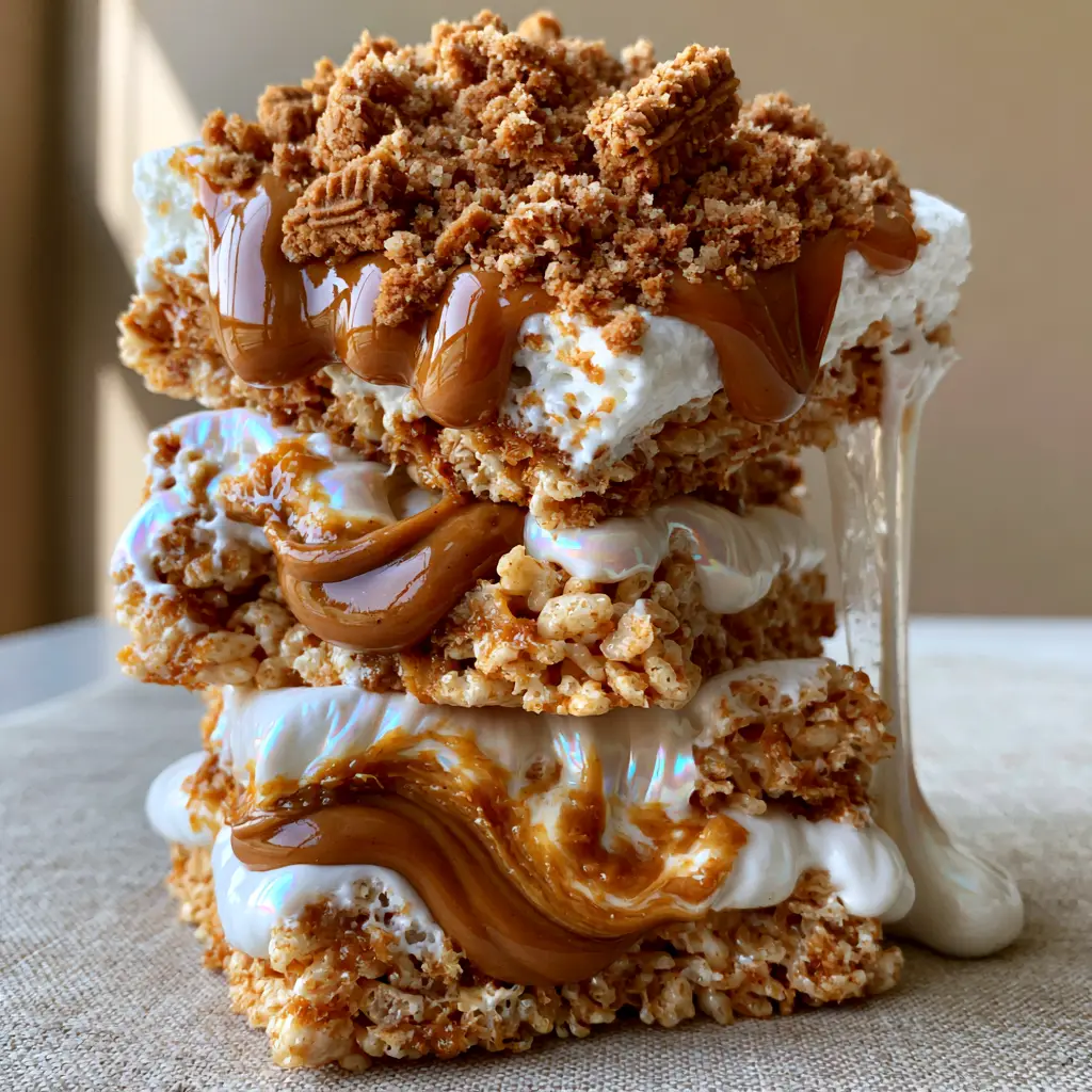 Biscoff Rice Krispie Treats with Gooey Cookie Butter Swirls 1 A stack of three thick Biscoff Rice Krispie treats on a linen surface with melted cookie butter drizzle and cookie crumbs.