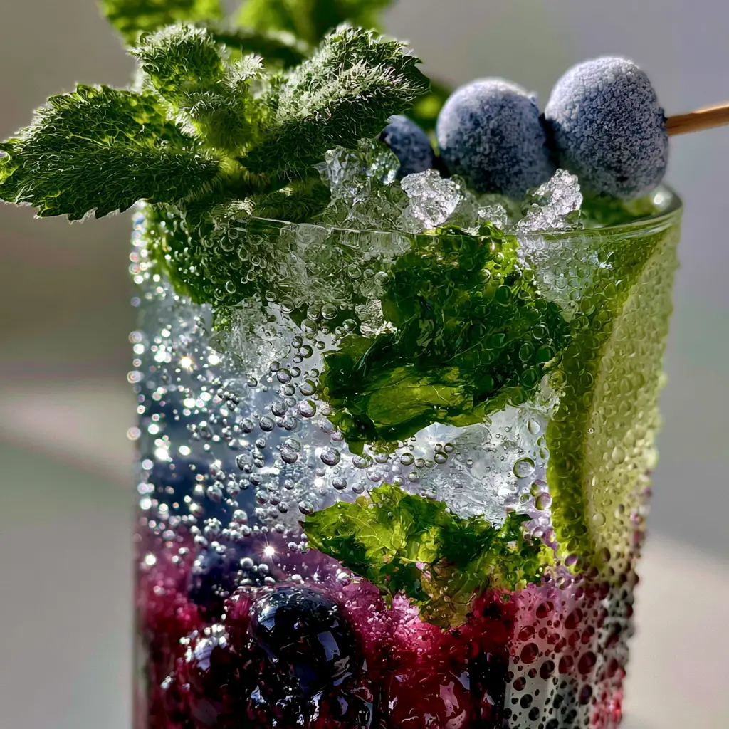 Close up of a blueberry mojito garnish with powdery-blue blueberries on a skewer and fuzzy mint leaves.