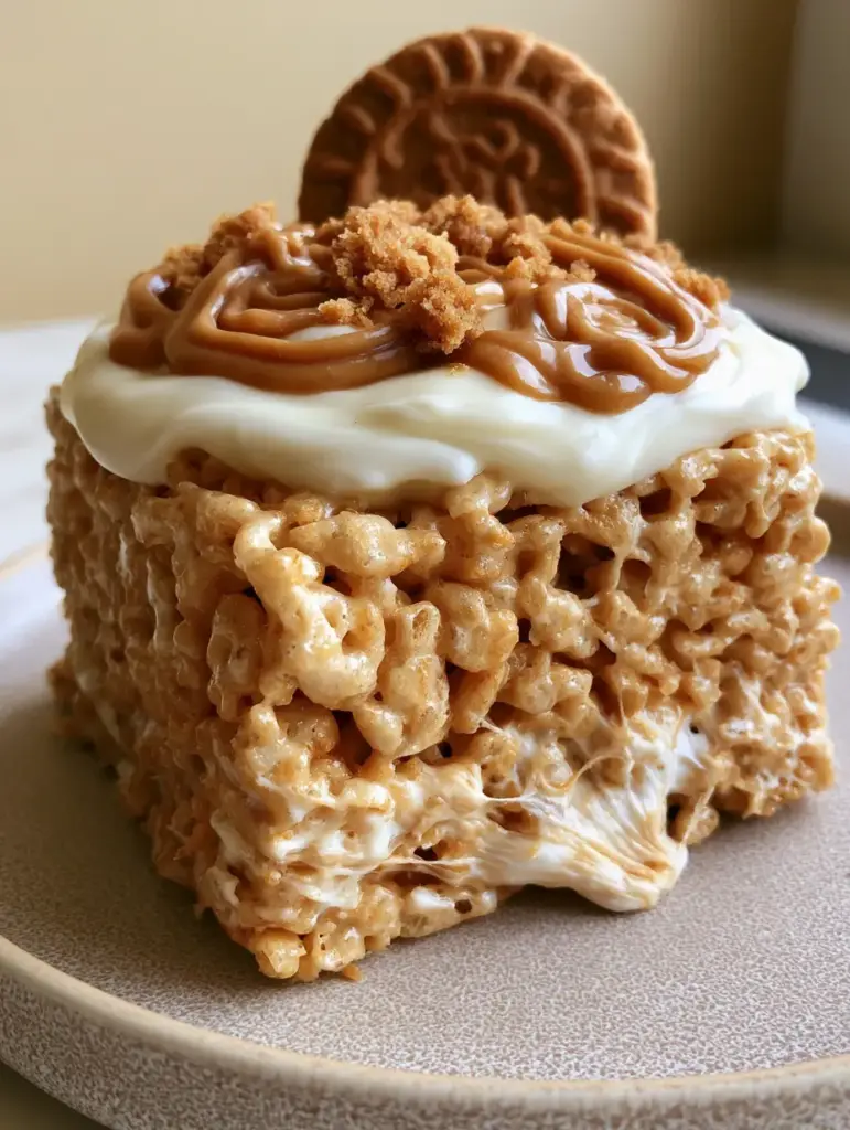 A close-up of a square Biscoff Rice Krispie Treat with swirled golden cookie butter sauce and fine crumbs.
