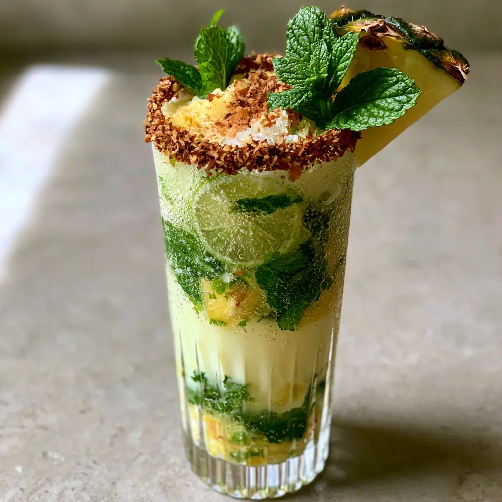 A handheld photo of a single elegant ribbed crystal highball glass filled with a creamy pineapple mojito on a concrete background.