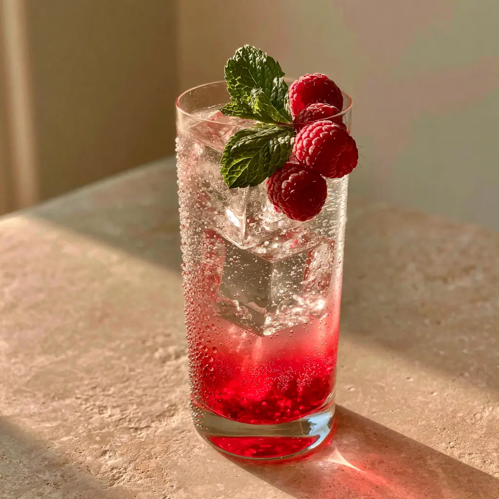 Close-up of a Raspberry Mojito showing condensation droplets and a pristine green mint sprig.