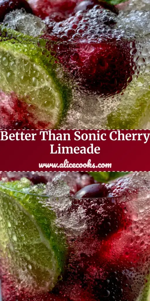 Cherry Limeade Recipe: The Ultimate Sparkling Summer Refreshment 4 A tall glass of sparkling cherry limeade with crushed ice, lime wheels, and whole cherries. (cherry limeade recipe)