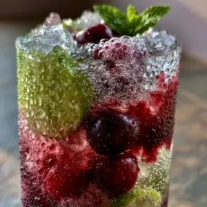 Close-up of a sweating glass with thick condensation and vibrant lime wheels. (cherry limeade recipe)