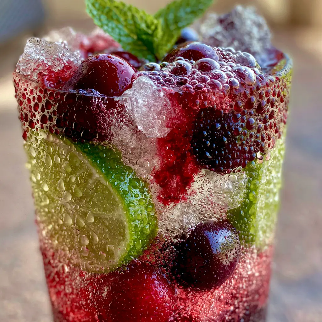 Cherry Limeade Recipe: The Ultimate Sparkling Summer Refreshment 1 A crimson cherry syrup swirl blending into sparkling club soda with mint garnish.