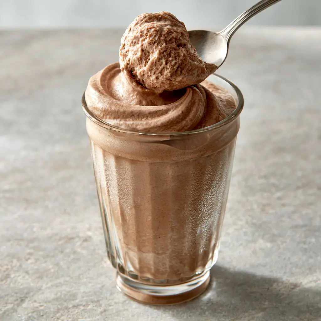 Wendy's Frosty Slushie Recipe: The Ultimate Creamy Copycat 1 A silver spoon holding a thick scoop of light chocolate frosty over a ribbed glass. (Wendy's Frosty Slushie recipe)