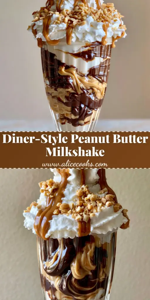 A thick Peanut Butter Milkshake in a tall vintage glass with chocolate swirls and a high whipped cream topping.
