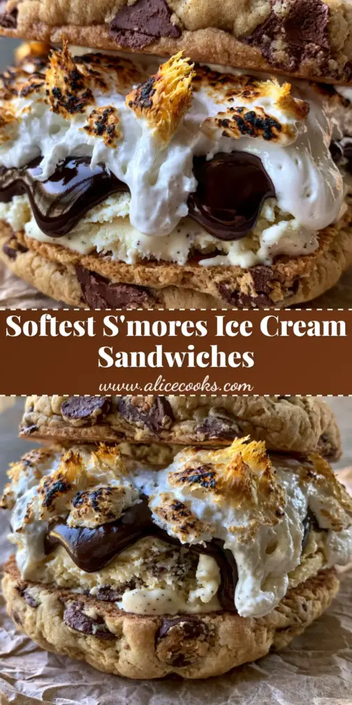 A towering s'mores chocolate chip cookie ice cream sandwich with charred marshmallow fluff and melting chocolate on rustic parchment paper. (s'mores chocolate chip cookie ice cream sandwiches)
