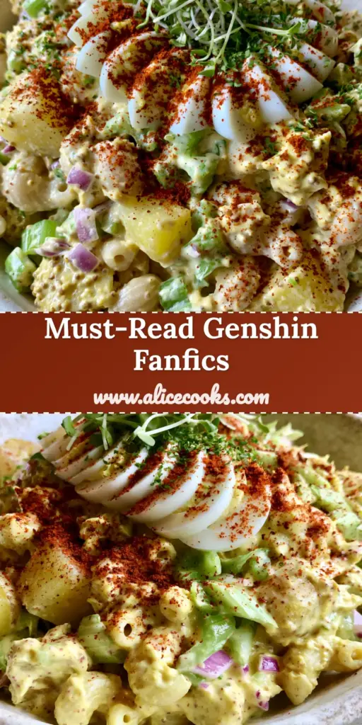 A gourmet deviled egg macaroni potato salad in a rustic bowl, perfect for a genshin impact fanfiction reading break.