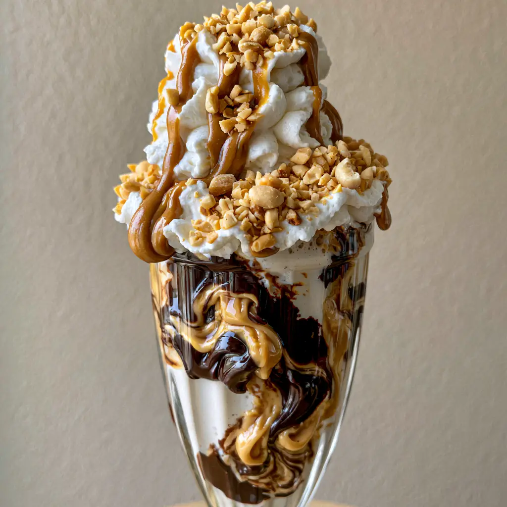 Handheld photo of a thick Peanut Butter Milkshake against a neutral beige background.