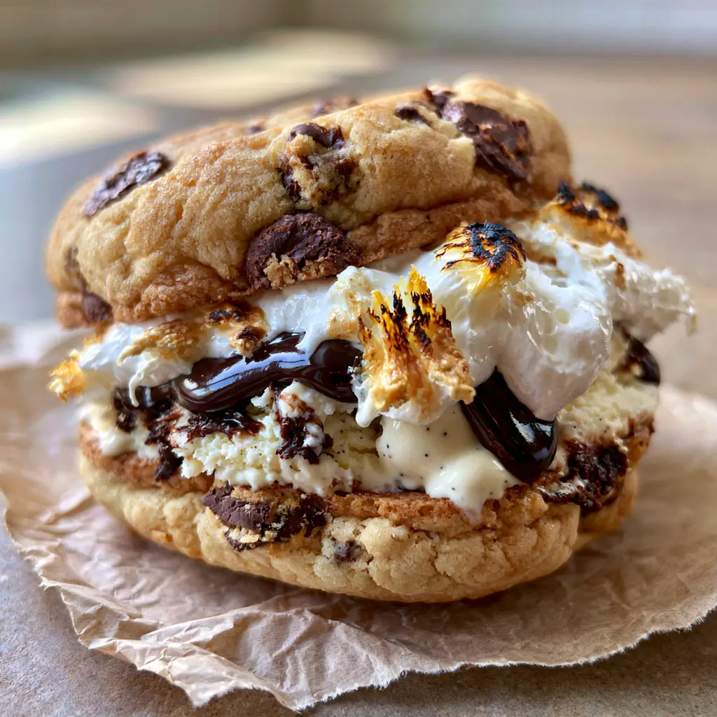 Close up of the golden-brown cookies and half-melted dark chocolate chunks in a s'mores ice cream sandwich.