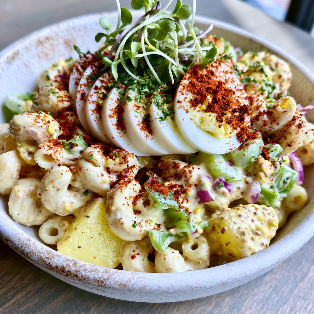 Close-up of vibrant smoked paprika on hard-boiled egg slices over macaroni salad.