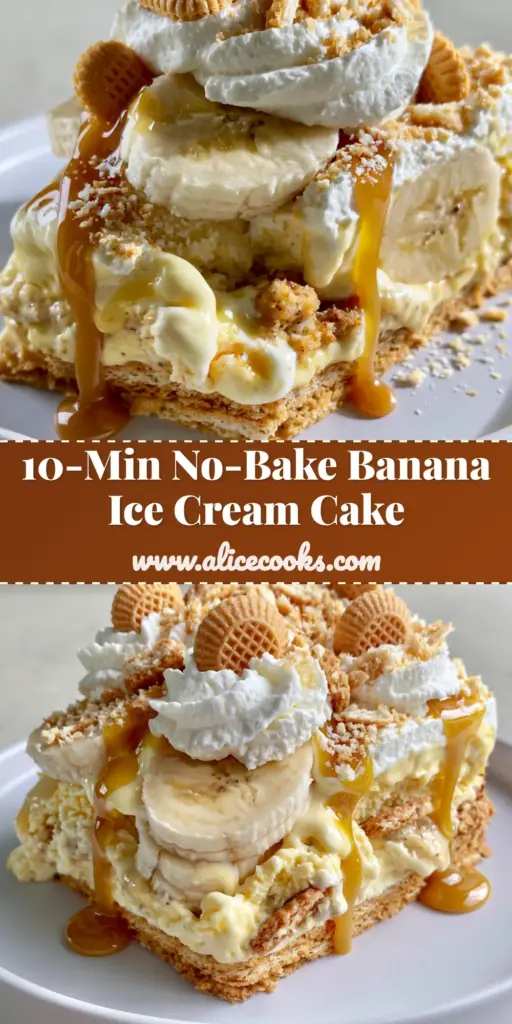 A tall, layered banana pudding ice cream cake with a Nilla wafer crust, fresh banana slices, and whipped cream, topped with a golden caramel drizzle on a white plate.