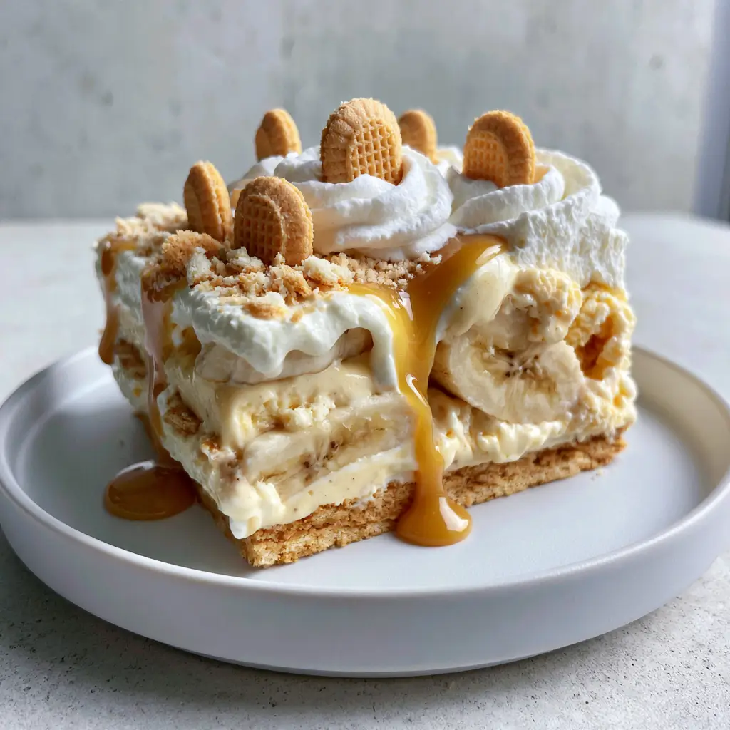 High-angle view of a banana pudding ice cream cake on a matte white ceramic plate with a neutral concrete background.