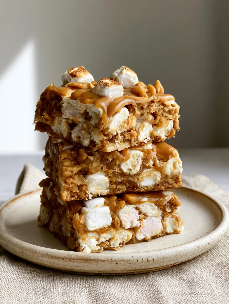 A stack of three thick, chewy Peanut Butter Butterscotch Marshmallow Squares on a rustic off-white ceramic plate with a glossy drizzle.