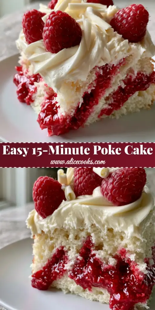 A close-up vertical shot of a White Chocolate Raspberry Poke Cake slice, showing red coulis channels and white chocolate curls.