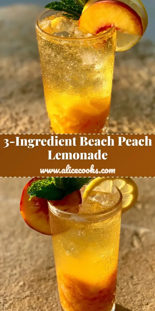 A tall crystal glass of Beach Peach Lemonade Cocktail with layered orange puree and sparkling yellow lemonade, garnished with a peach slice, lemon wheel, and mint on a stone surface.