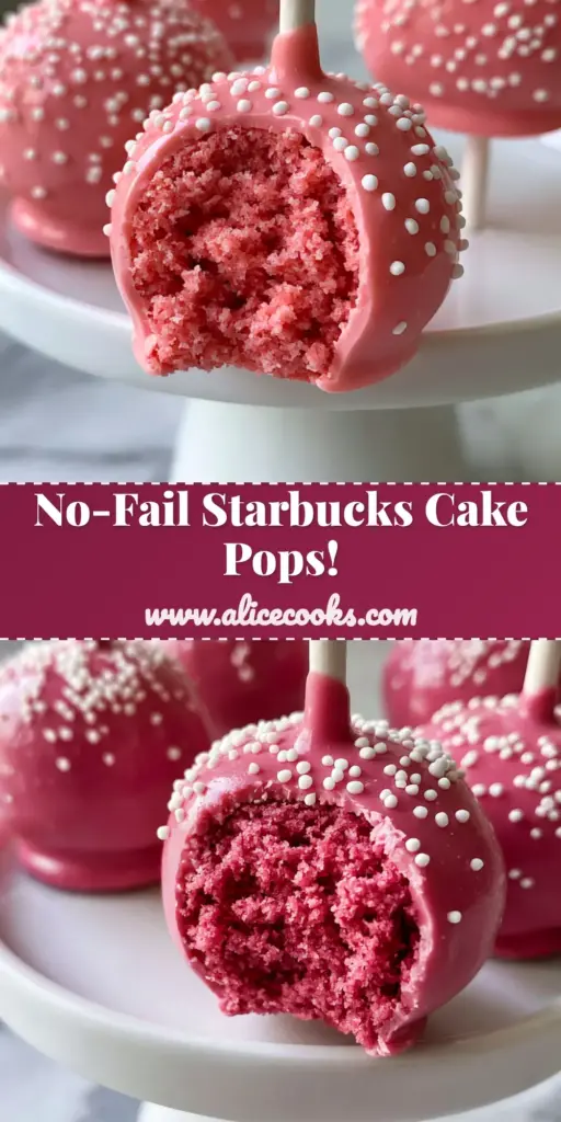 A close-up vertical shot of pink Starbucks-style cake pops with white nonpareils on a white stand. (how to make cake pops)