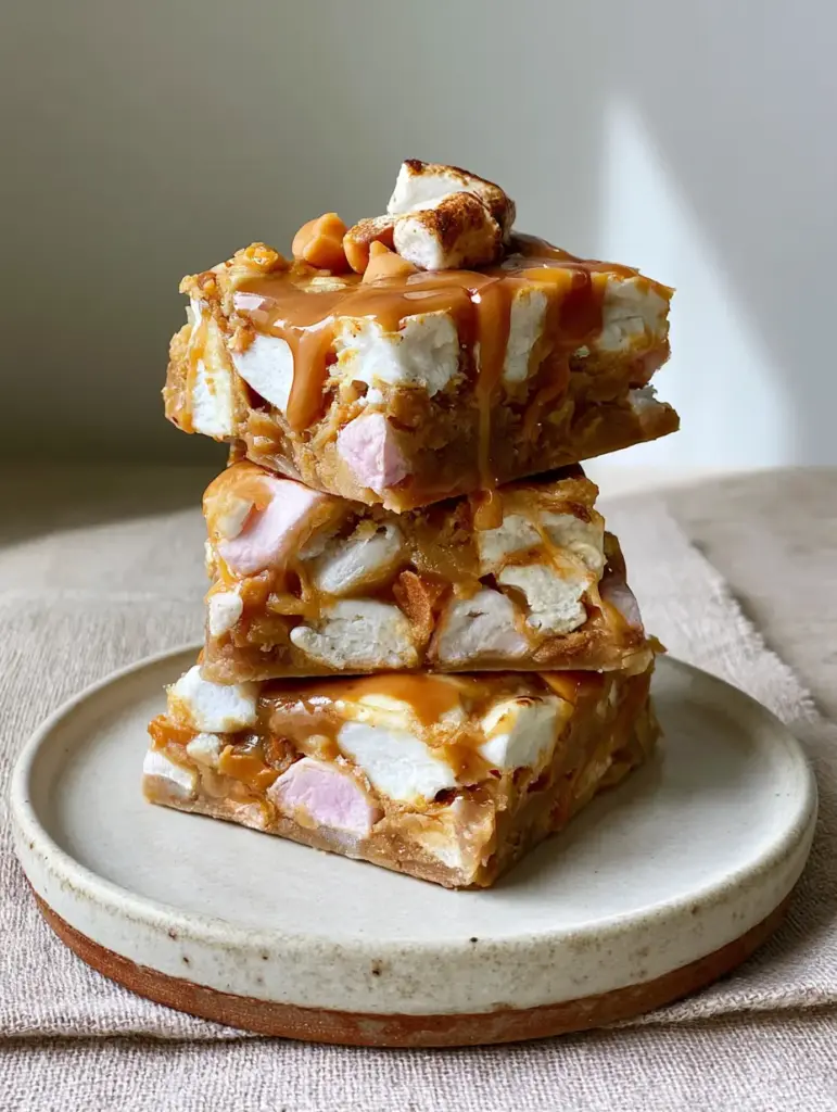 A top-down view of the squares showing the toasted marshmallow garnish and tiny butterscotch chips on Peanut Butter Butterscotch Marshmallow Squares.
